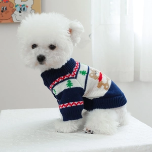Navy blue knitted dog sweater with Christmas elk pattern on a small white Bichon