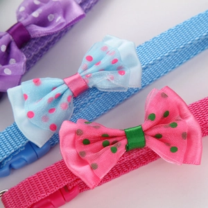 Detail of adjustable pet collars with polka dot bows and plastic buckles in various colors