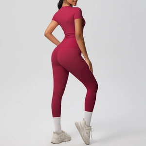 Detailed back view of dark red yoga set showing slimming fit and side pocket design