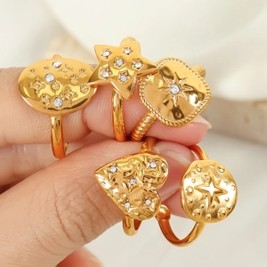 French Style Stainless Steel Rhinestone Open Ring Adjustable Gold Plated Geometric Heart Star Minimalist Jewelry For Women