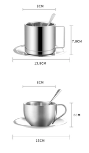 Macro view of 304 stainless steel coffee cups with matching saucers and spoons