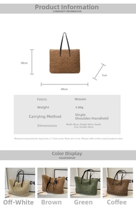 Detailed dimension guide showing 46cm width and 36cm height for large woven straw tote