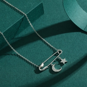 S925 Sterling Silver safety pin necklace with micro-pave moon and star charms
