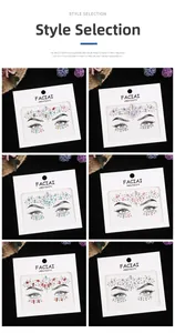 Detail of six styles of self-adhesive crystal face gems and rhinestones for party makeup