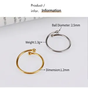 Minimalist adjustable stainless steel double ball open ring in gold and silver finish