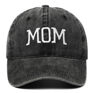 Close-up of MOM embroidery detail on vintage washed charcoal cotton baseball cap