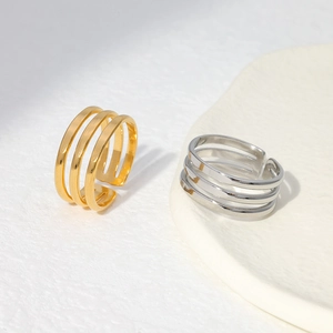 Detailed view of minimalist triple-layered adjustable rings in gold and silver finish