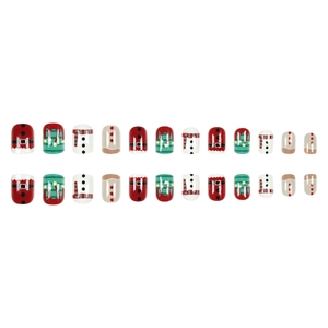 Christmas-themed press-on nails with cute cartoon snowman and scarf designs, 24pcs set