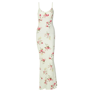 Close-up of red floral pattern on white bodycon maxi dress with adjustable straps