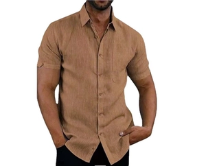 Detail of khaki linen short sleeve shirt for men with classic collar and button-down style