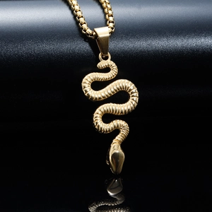 Snake Pendant Necklace Stainless Steel Punk Gothic Hip Hop Street Style Gold Color 3D Textured Animal Jewelry Men Women