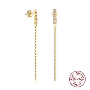 Elegant 925 sterling silver gold drop earrings with cubic zirconia studs and long chain tassels