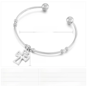 Detail view of stainless steel bangle with hollow cross pendant and ball ends