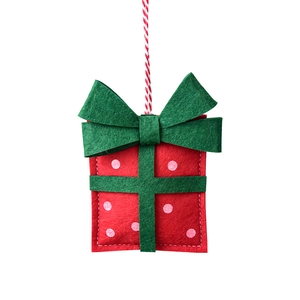 Red and green felt Christmas gift box ornament with white polka dots and hanging string