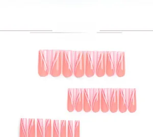 Long coffin fake nails with pink base, white diagonal lines, and a subtle pearlescent finish