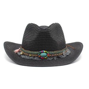 Chapeau de paille cowboy noir unisexe avec perles turquoise et ruban à pompons bohème