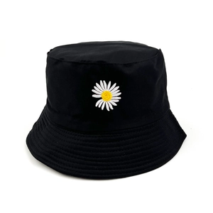 Black cotton bucket hat with white daisy embroidery for summer sun protection