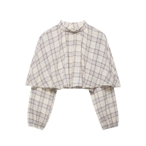 Plaid Checkered Long Sleeve Crop Top Polyester Layered Cape High Neck Stand Collar Streetwear Casual Blouse For Women