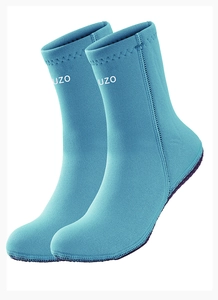 Close-up of blue 3mm neoprene diving socks with anti-slip soles and white OUZO logo