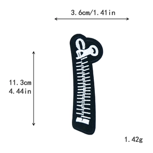 Embroidered black and white zipper patch for DIY clothing decor, size 11.3x3.6cm