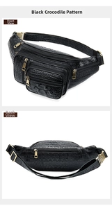 Detail of black crocodile texture waist bag showing front, side and back security pocket