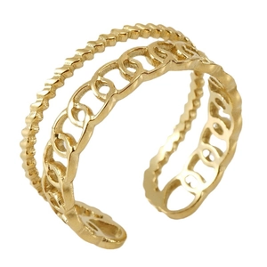 Minimalist gold adjustable open ring featuring unique layered chain and wave patterns