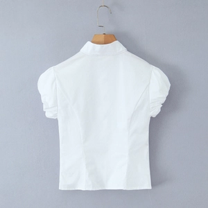 Retro slim fit white puff sleeve shirt for women featuring a minimalist lapel design