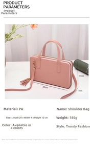 Detailed size specifications of pink PU leather dual-zipper bag with tassel accent