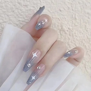 Long Coffin Press On Nails Blue Grey Gradient Glitter Star Pattern Rhinestone Sparkly Ballerina False Nails For Women