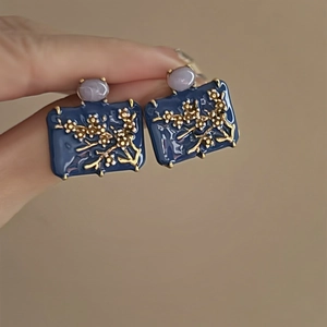 Blue enamel square earrings with gold plum blossom branch and light purple gemstone