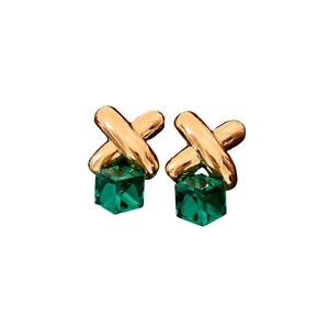 Vintage style gold cross earrings with dark green cube crystal pendants on white background