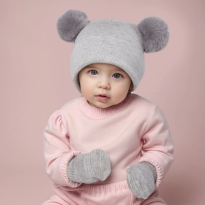 Detail of grey knitted baby hat with dual fur pom-poms and matching warm mittens set