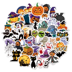 Detailed assortment of Halloween stickers featuring pumpkins, ghosts, and zombies