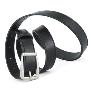 Classic black PU leather belt for women featuring a silver metal pin buckle on white backdrop