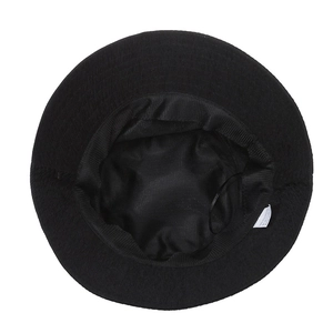 Top view of black bucket hat with breathable mesh lining and adjustable drawstring