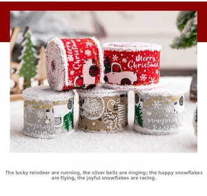 Detail of Christmas ribbons with furry edges, snowflakes, and festive truck patterns