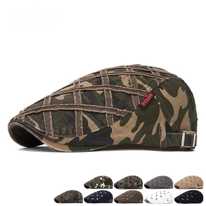Adjustable camouflage flat cap with stitched pattern and side label in various colors