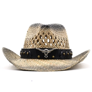 Handwoven straw cowboy hat with black gradient finish and vintage metal bull logo