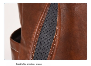 Detail of dark brown leather backpack with breathable honeycomb mesh shoulder straps