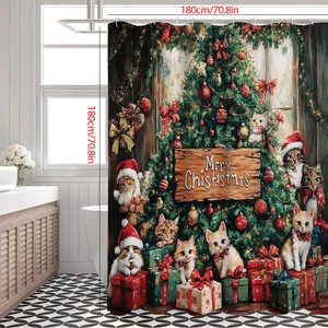 Christmas shower curtain with festive cats and holiday tree pattern, 180cm square size