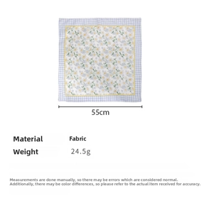 Detailed view of floral cotton linen headscarf with dimensions and 24.5g weight info