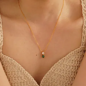 18K gold plated titanium necklace with vintage green teardrop zircon and round crystal pendant