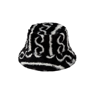 Winter faux rabbit fur bucket hat with black and white striped spiral pattern for warmth