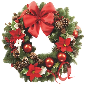 Couronne de Noël avec nœud rouge, pommes de pin et poinsettia sur fond blanc neutre