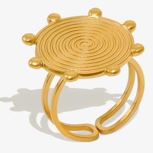 Spiral Swirl Round Disc Ring 304 Stainless Steel 18K Gold Plated Beaded Edge Bohemian Vintage Adjustable Jewelry Women