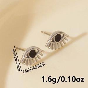 Detail showing dimensions of silver eye stud earrings in polished 304 stainless steel