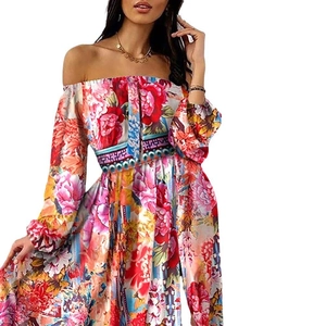 Detail view of floral print maxi dress featuring off-shoulder neckline and elastic sleeves