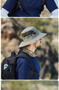 Detail view of the gray-green sun hat featuring breathable mesh sides and chin strap