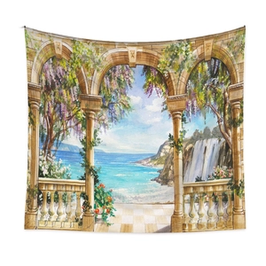 Detailansicht Wandteppich mit mediterraner Landschaft, Blumenbogen und Meeresmotiv