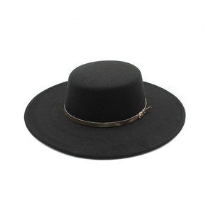 Classic black flat top wide brim wool hat with stylish belt buckle detail for men and women